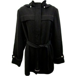 Utex Design Womens All Weather Belted Jacket Size 8 Black Top Stitch Design Hood